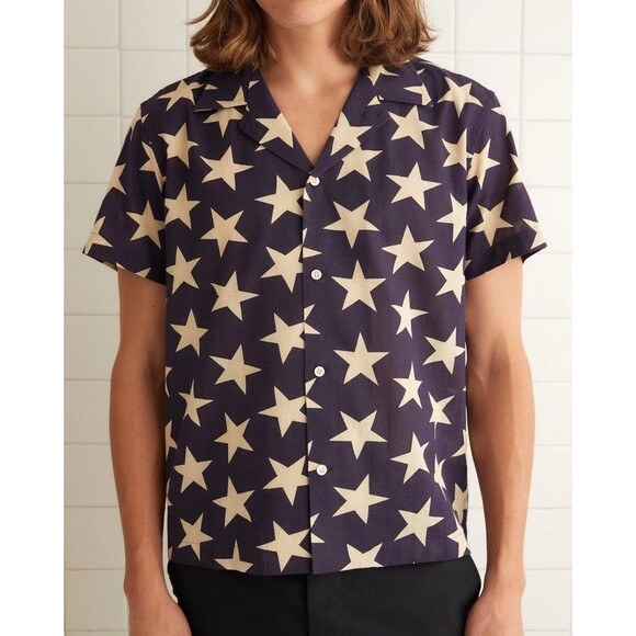 Bode Starry Short Sleeve Men's Shirt Printed Cotton Button Down Navy L 282383 - Picture 1 of 6